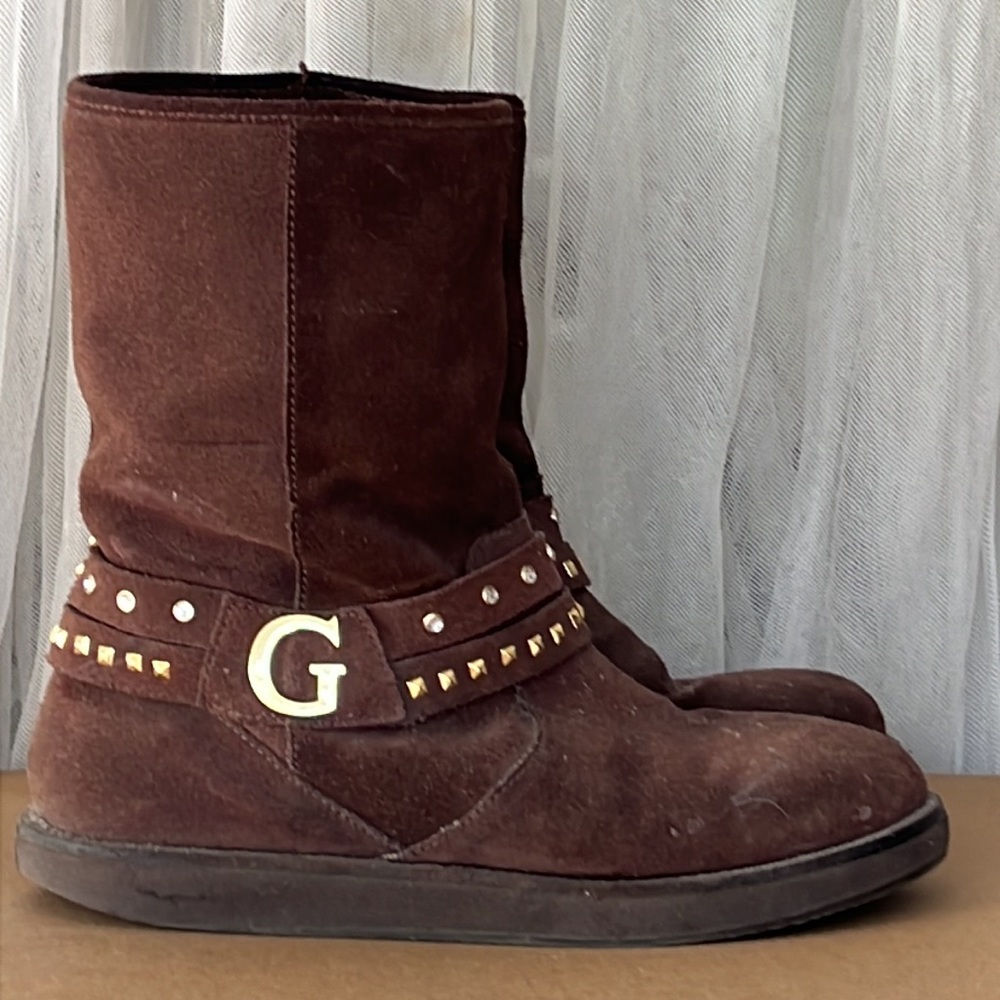 ⭐️ Guess sherpa lined warm flat slip on brown suede comfy booties women 8